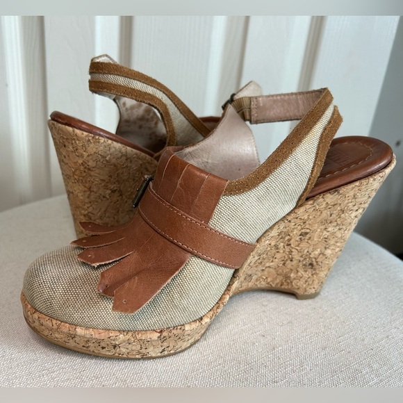 FRYE 'Pepper Kilte' Wedge Platform Sandal Cork Canvas Leather BOHO Mules - Picture 1 of 16